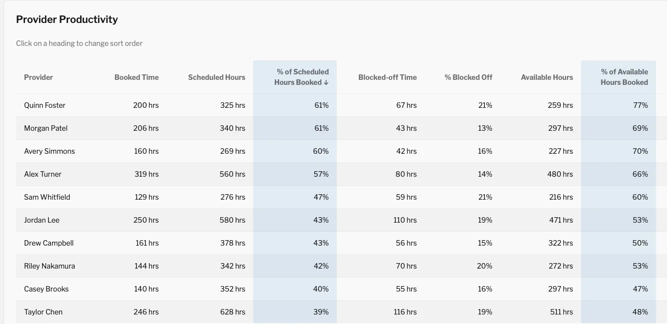 RevvWorks Provider Productivity report showing utilization by practitioner